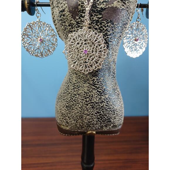 Beautiful Silvertone & Purple Necklace & Earrings Shiny Beautiful Preppy Fancy - Picture 5 of 9